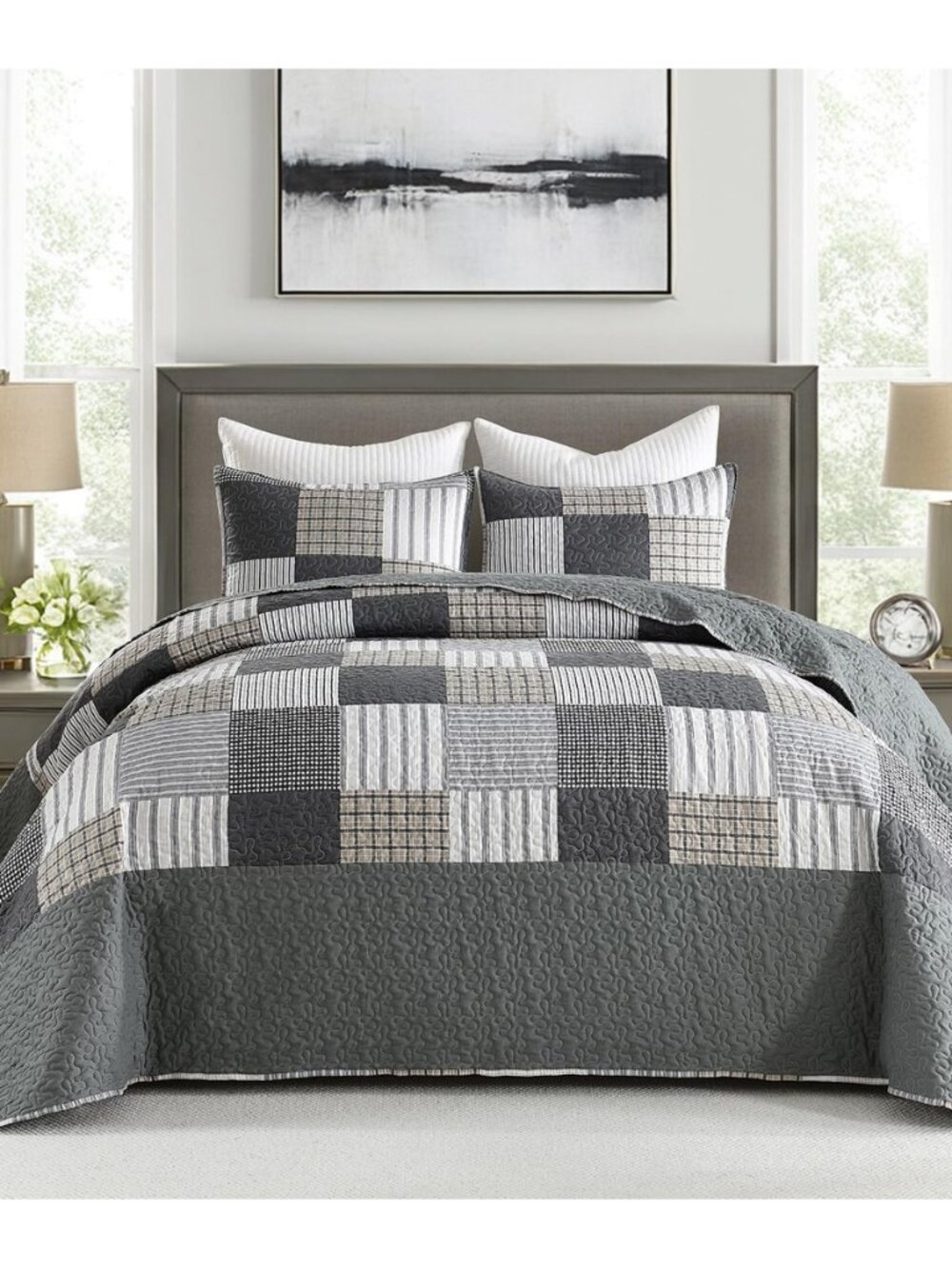 3-Piece Cailifornia King Quilt Set, Lightweight Soft Full Size Quilt Gray